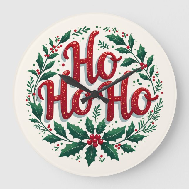 Ho Ho Ho Christmas Wreath Typography Design Große Wanduhr (Vorderseite)