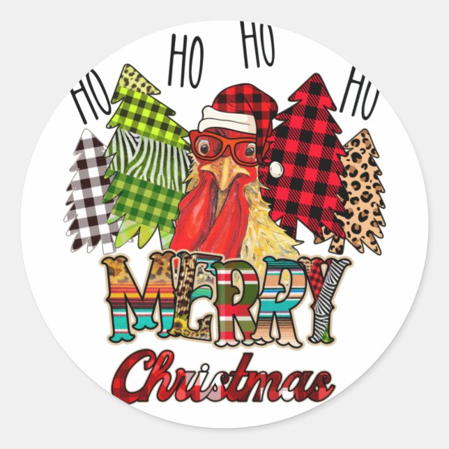 HO HO HO Merry Christmas Chicken Farmer Tree Plaid Runder Aufkleber (Vorderseite)