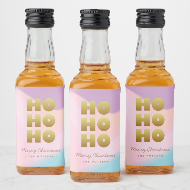 Ho Ho Ho | Pastell Pink Gradient & Gold Weihnachte Alkoholflaschenetikett (Flaschen)