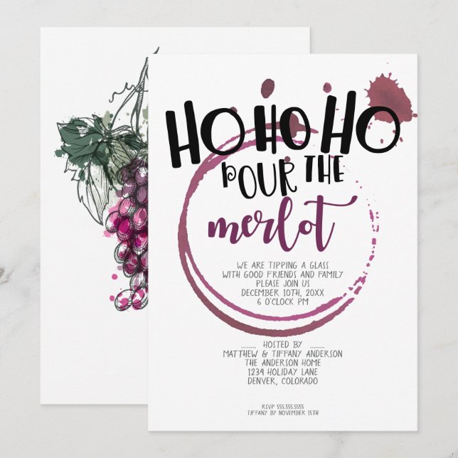 Ho Ho Ho Pour the Merlot Weihnachts-Party Einladung (Vorne/Hinten)