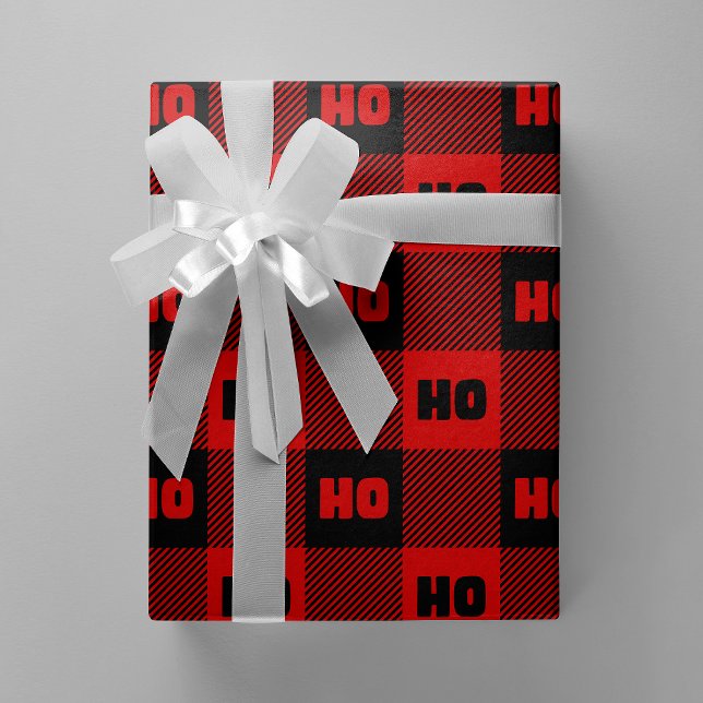 Ho Ho Ho Red & Black Chic Christmas Buffalo Plaid Geschenkpapier (Ho Ho Ho Red & Black Chic Christmas Buffalo Plaid Wrapping Paper)