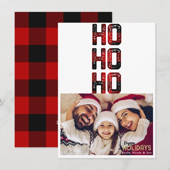 HO HO HO Red Buffalo Plaid Holiday Carte photo (Devant / Derrière)