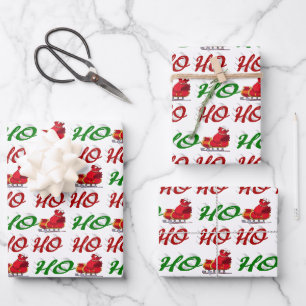 Ho Ho Ho Santa Sleigh Weihnachtsgrüne Schrift Geschenkpapier Set