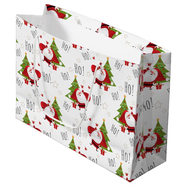 Ho Ho Ho Santa und Weihnachtsbaumen Große Geschenk Große Geschenktüte (Vorderseite Schrägansicht)