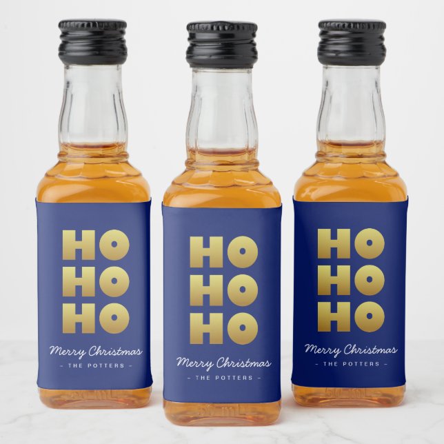 Ho Ho Ho | Spaß Weihnachten Blau & Gold Alkoholflaschenetikett (Flaschen)