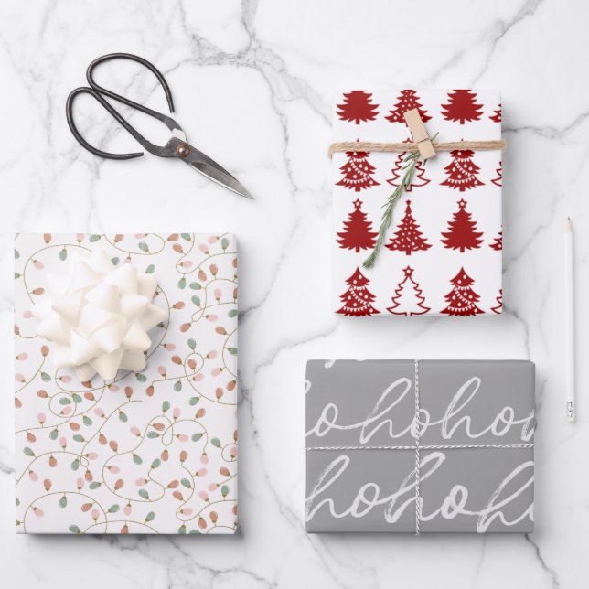 Ho Ho Ho Tangled Lights Weihnachtsbäume Geschenkpapier Set (Vorderseite)