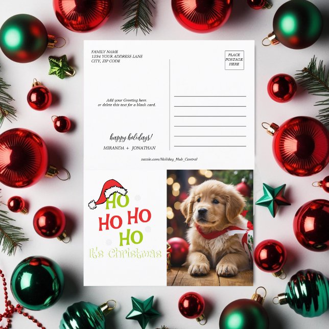 Ho Ho Ho Weihnachten mit rotem Hut Foto (Ho Ho Ho Its Christmas with red hat Photo Holiday Postcard)