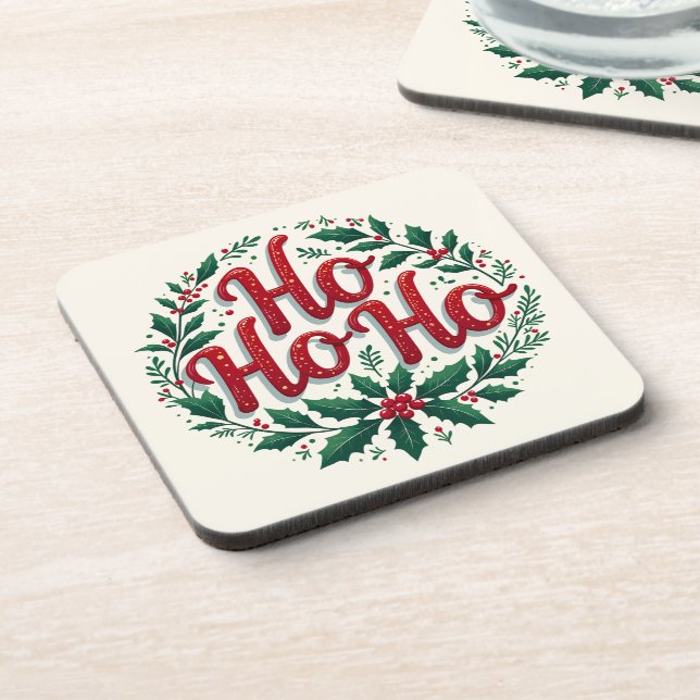 Ho Ho Ho Weihnachtskranz-Typografie-Design Getränkeuntersetzer (Linke Seite)