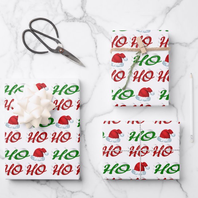 Ho Ho Ho Weihnachtsmannmütze Weihnachtsgrün Geschenkpapier Set (Vorderseite)