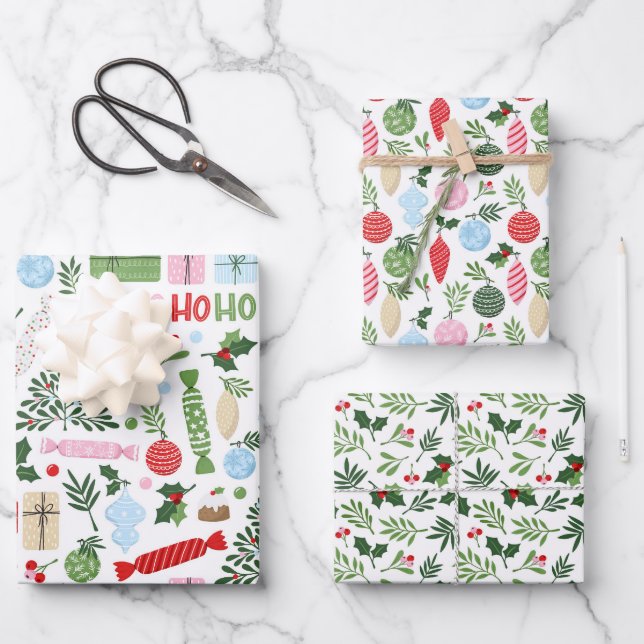 Ho Ho Holly Wrapping Paper Sheets Geschenkpapier Set (Vorderseite)
