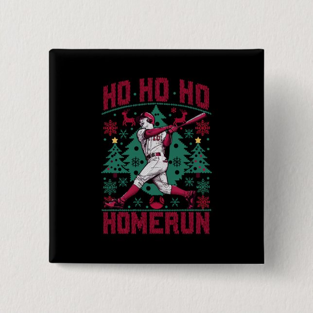 Ho Ho Homerun Baseball Ugly Weihnachts-Sweater Button (Vorderseite)