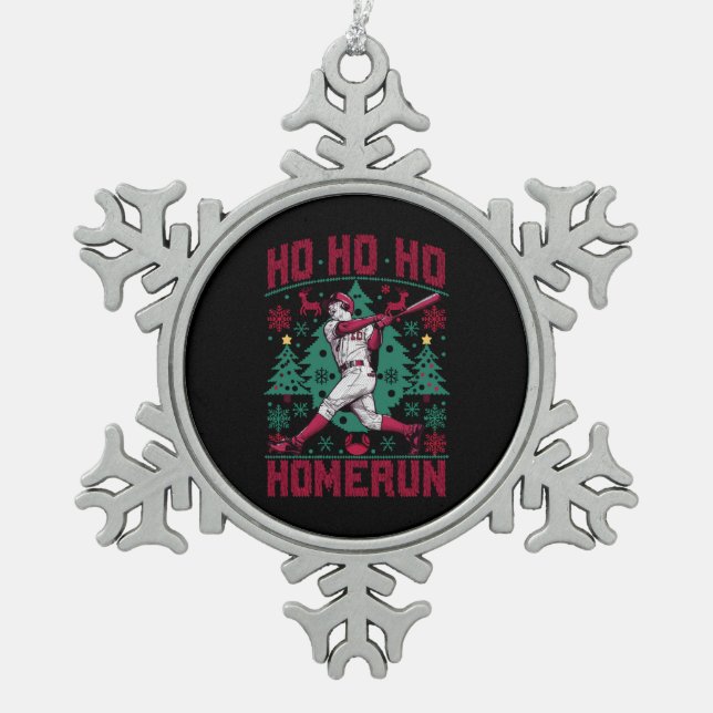 Ho Ho Homerun Baseball Ugly Weihnachts-Sweater Schneeflocken Zinn-Ornament (Vorderseite)