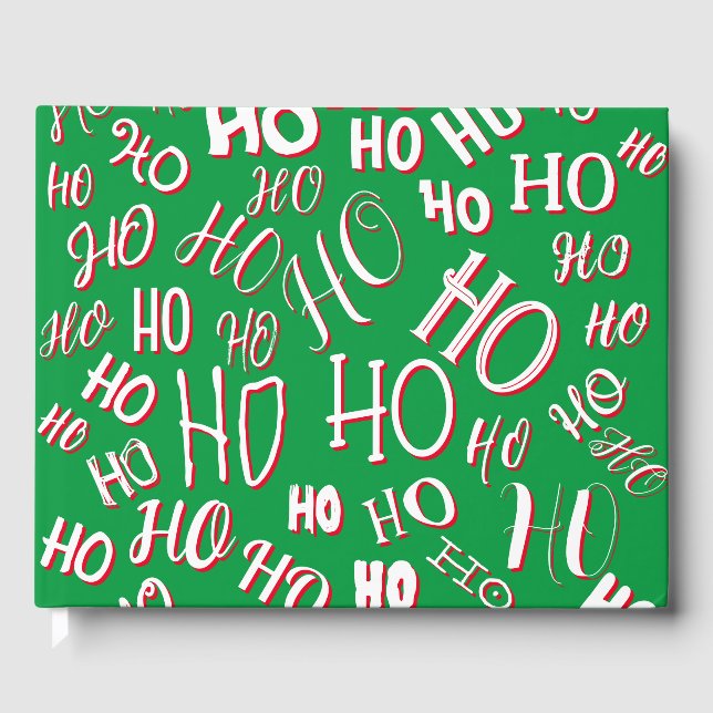 HO HO Weihnachts-Textmuster weiß grün rot Gästebuch (Vorderseite)