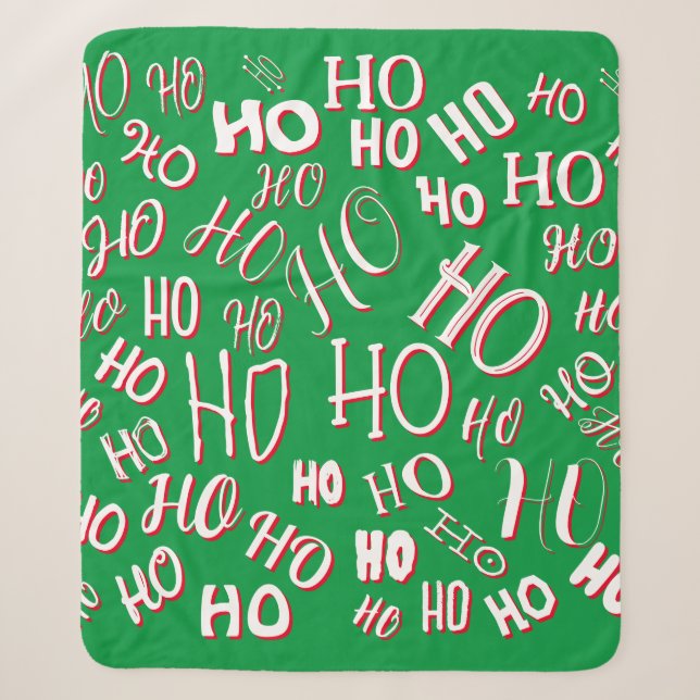 HO HO Weihnachts-Textmuster weiß grün rot Sherpadecke (Vorderseite)