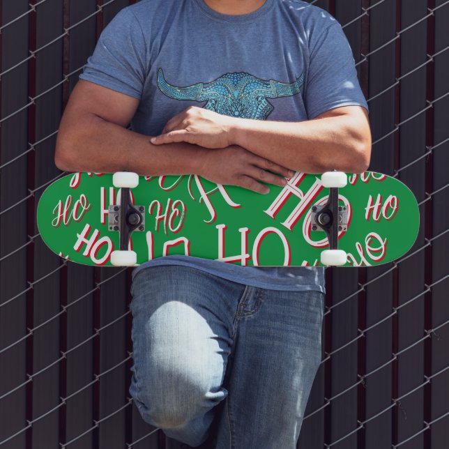 HO HO Weihnachts-Textmuster weiß grün rot Skateboard (Außenbereich 3)