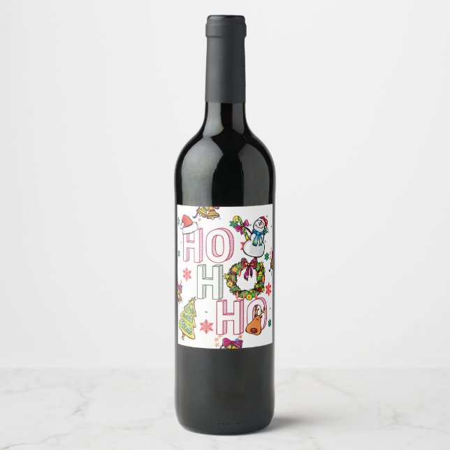 HO HO Weihnachtsflasche Doodle Art Weinetikett (Vorderseite)