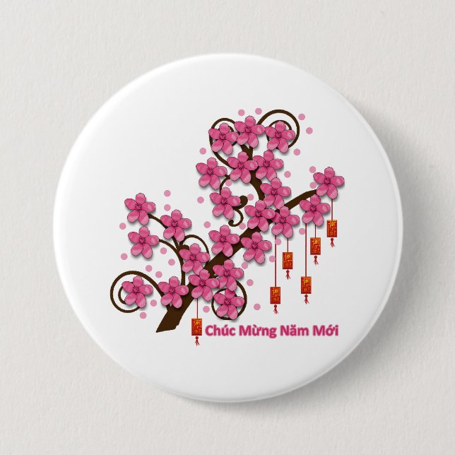 Hoa Dao Happy New Year Button (Vorderseite)