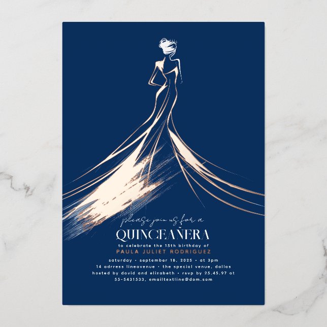 Hoch entwickelte Navy Blue & Rose Gold Quinceanera Folieneinladung (Vorderseite)