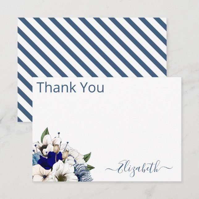 Hoch entwickelte Navy Dusty Blue Floral Personalis Dankeskarte (Vorne/Hinten)