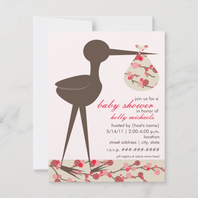 Hoch entwickelte Storch-Kirschblüten-Babyparty Einladung (Vorderseite)