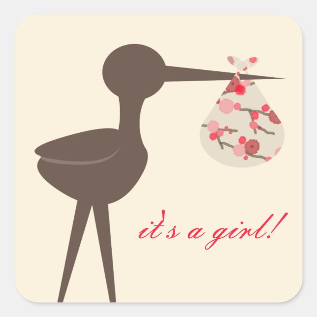 Hoch entwickelte Stork Cherry Blossom Babydusche Quadratischer Aufkleber (Vorderseite)