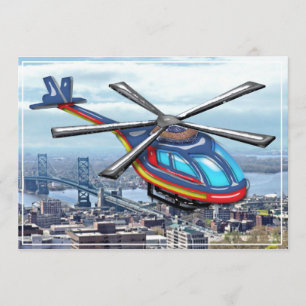 Hochfliegender Hubschrauber über der Stadt Einladung