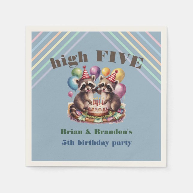 Hochfünfjährige Geburtstagsparty-Zwillinge Mapache Serviette (Vorderseite)