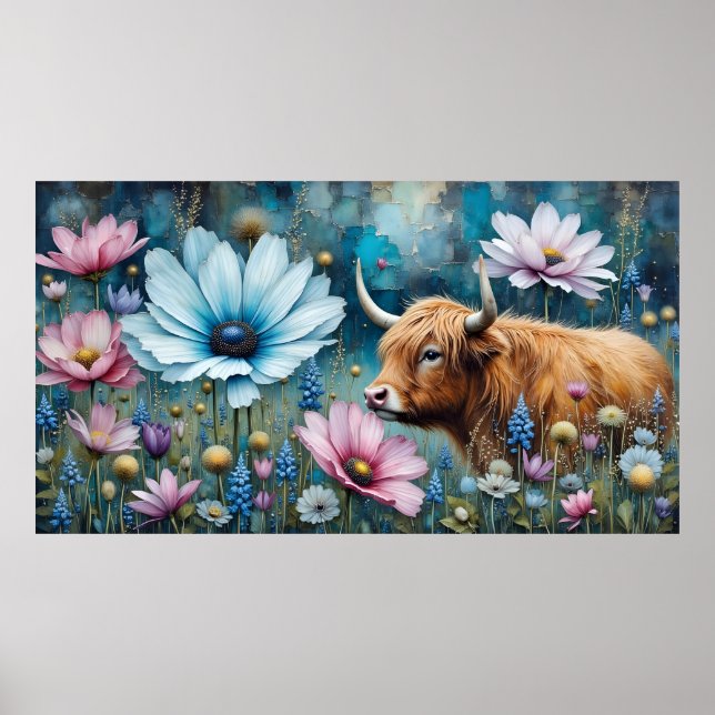 Hochland Kuh floral farbenfroher Kosmos Tapestry I Poster (Vorne)
