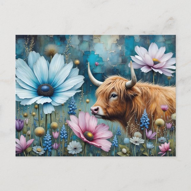 Hochland Kuh floral farbenfroher Kosmos Tapestry I Postkarte (Vorderseite)
