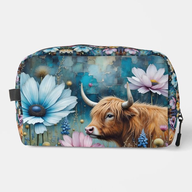 Hochland Kuh floral farbenfroher Kosmos Tapestry Waschbeutel (Vorderseite)