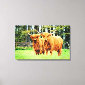 Hochland Kuh Rind mit Horns Wasserfarben Kunst Leinwanddruck