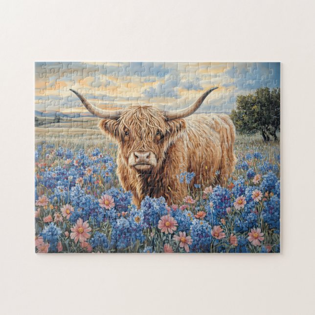 Hochland-Kuh Rosa und Blau-Wildblumen (Horizontal)