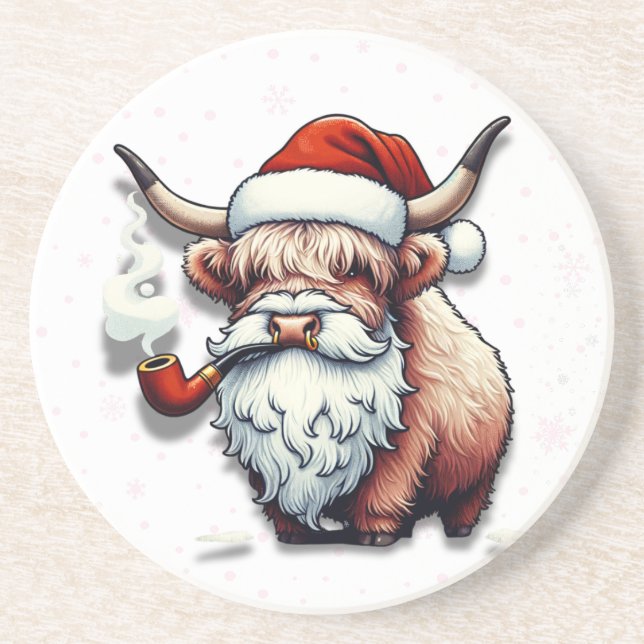 Hochland Kuh Santa mit Schneeflocken - rustikale D Getränkeuntersetzer (Vorne)