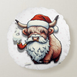 Hochland Kuh Santa mit Schneeflocken - rustikale D Rundes Kissen