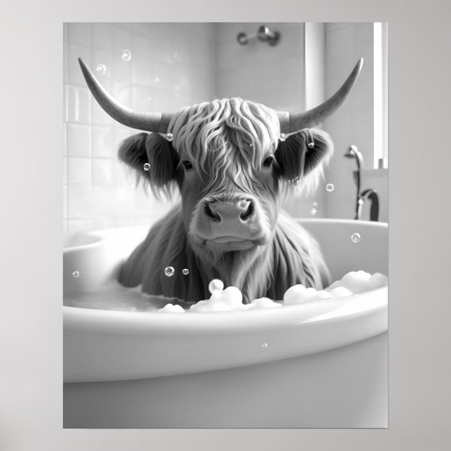 Hochland Kuh Schwarz und Weiß Badezimmer Bild Poster (Vorne)