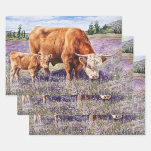 Hochland-Kuh und Kalb Lila Wildblumen Geschenkpapier Set