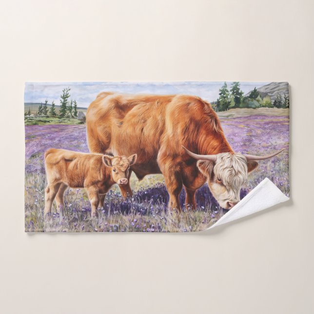 Hochland-Kuh und Kalb Lila Wildblumen Handtuch (Handtuch)