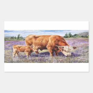 Hochland-Kuh und Kalb Lila Wildblumen Rechteckiger Aufkleber