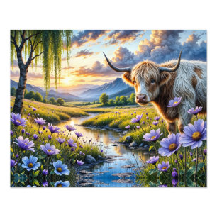 Hochland/Longhorn Kreuzung Kuh in floraler Landsch Fotodruck
