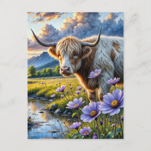 Hochland/Longhorn-Kreuzung Kuh in floraler Landsch Postkarte