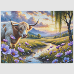 Hochland/Longhorn Kreuzung Kuh in floraler Landsch Seidenpapier