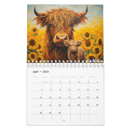 Hochlandkuh 2025 Kalender mit Kälbersonnenblume
