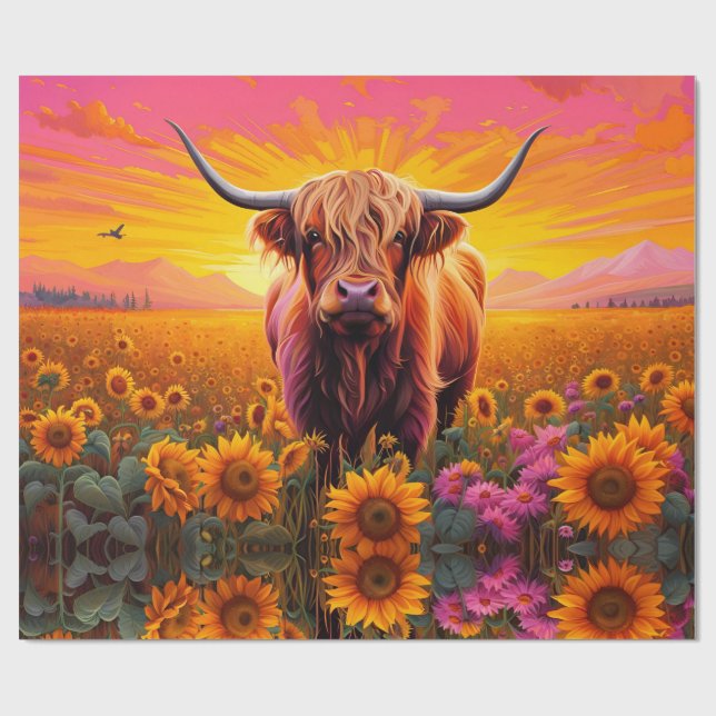 Hochlandkuh bei Sonnenblumen bei Sonnenaufgang Geschenkpapier (Flach)