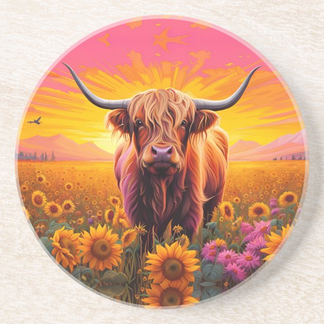 Hochlandkuh bei Sonnenblumen bei Sonnenaufgang Getränkeuntersetzer (Vorne)