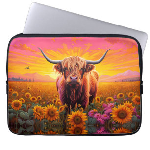 Hochlandkuh bei Sonnenblumen bei Sonnenaufgang Laptopschutzhülle