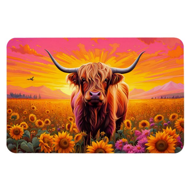 Hochlandkuh bei Sonnenblumen bei Sonnenaufgang Magnet (Horizontal)
