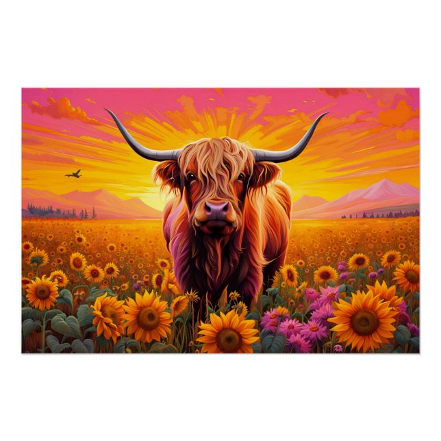 Hochlandkuh bei Sonnenblumen bei Sonnenaufgang Poster (Vorderseite)