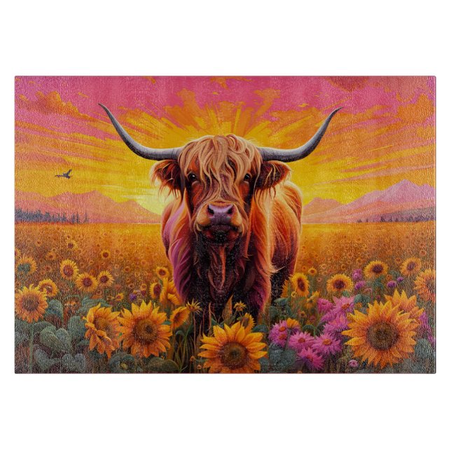 Hochlandkuh bei Sonnenblumen bei Sonnenaufgang Schneidebrett (Vorderseite)