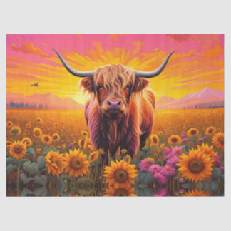 Hochlandkuh bei Sonnenblumen bei Sonnenaufgang Seidenpapier