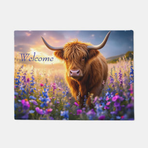 Hochlandkuh in einem Feld farbenfroher Blume Fußmatte